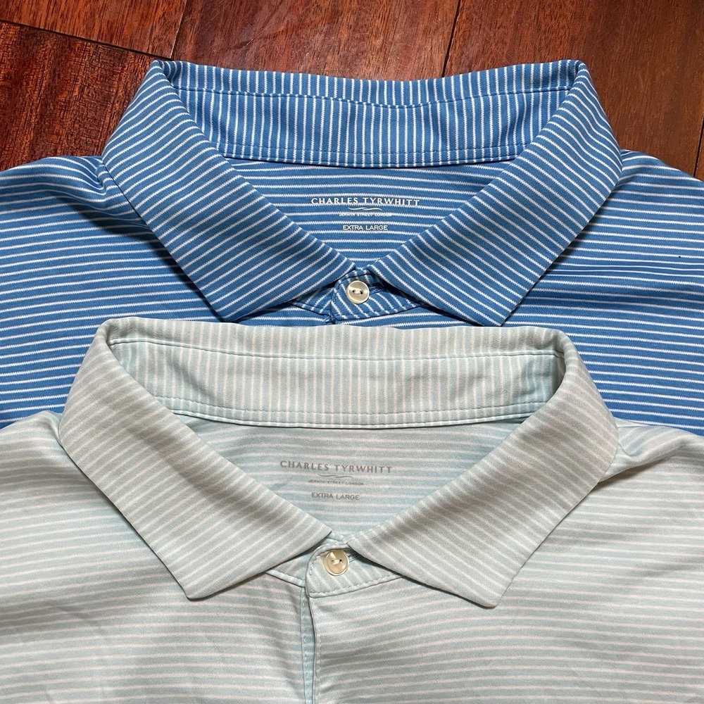 Charles Tyrwhitt Polo Shirt Mens XL Blue Striped 100% Cotton LOT OF 2 Casual